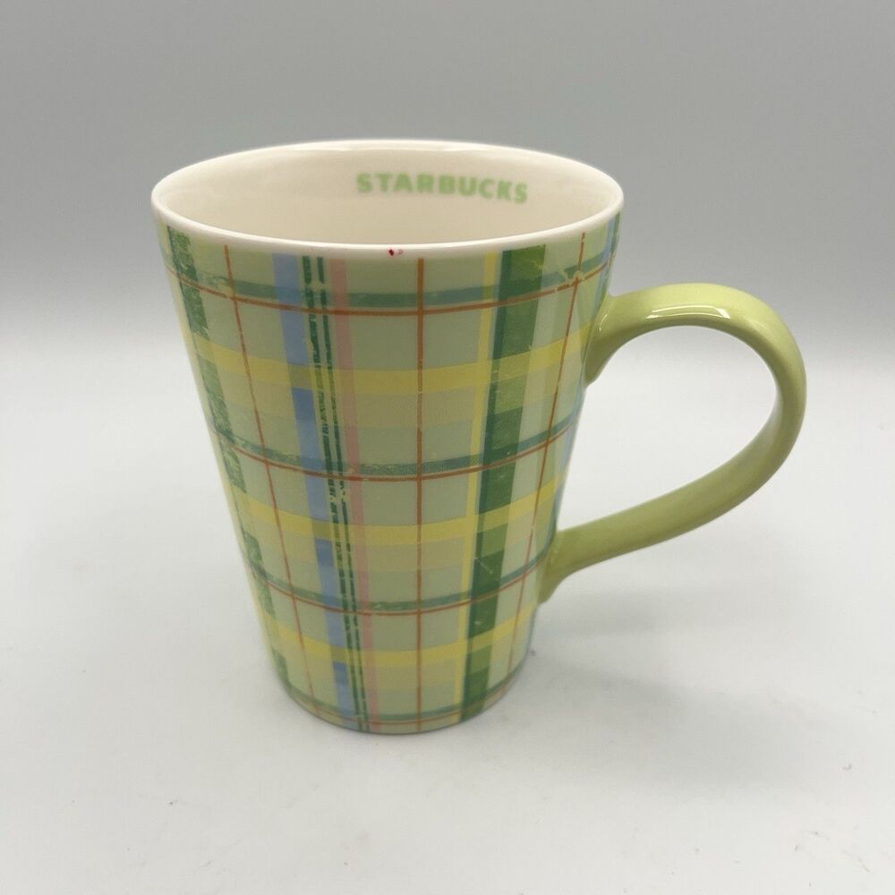 Starbucks 2006 Green Plaid With Yellow,Blue,Orange Ceramic Coffee Cup/Mug
